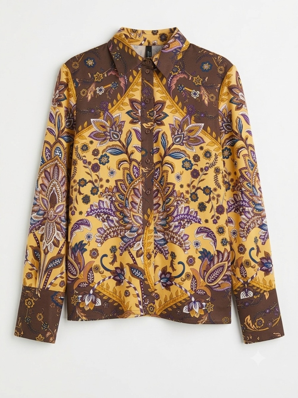 Dark Academia Rachel Zoe 70s Vibe Printed Boho Luxe Satin Long Sleeve Blouse